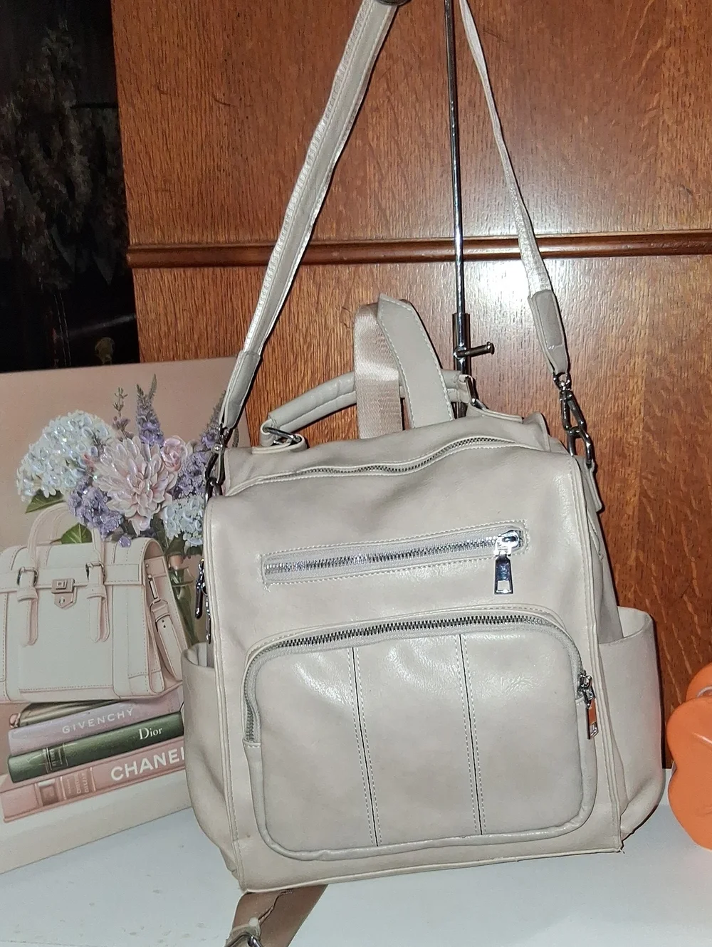 Genuine Leather Beige Convertible Women’s Backpack Tote - Unbranded